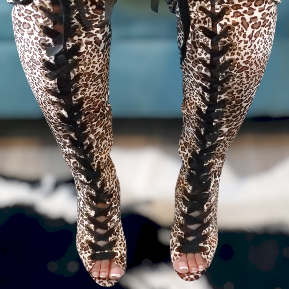 🔥SEXY🔥Camel Leopard Velvet OVER THE KNEE Boot - Picture 5 of 13